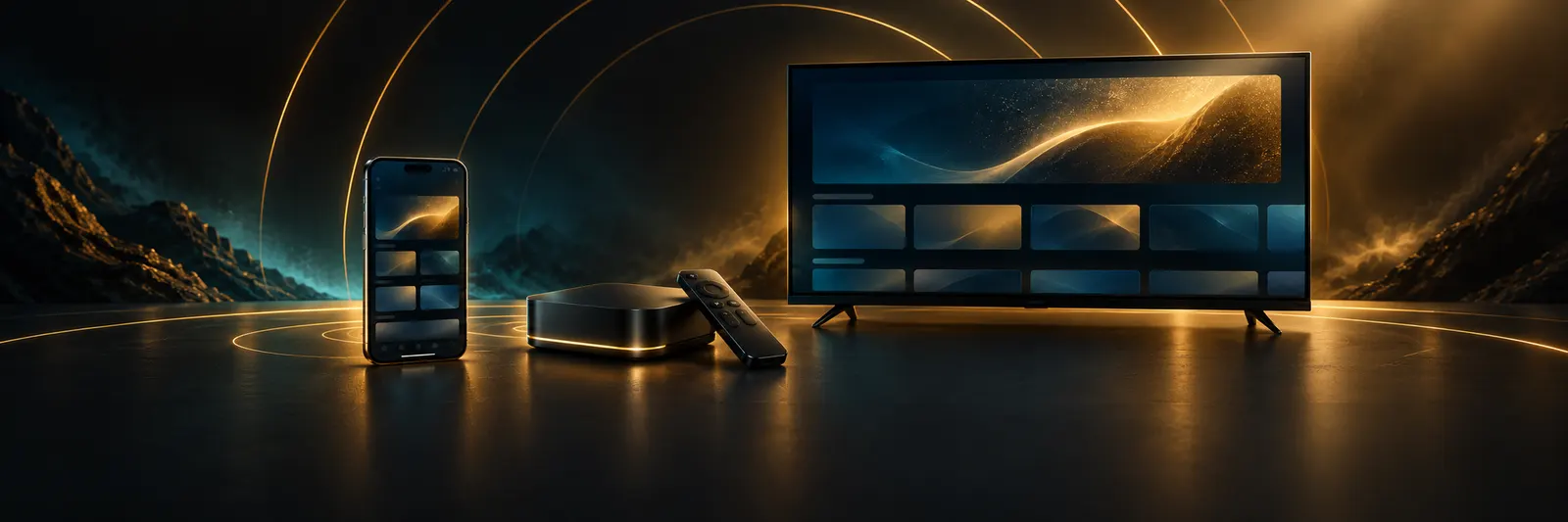 A phone, a set-top box and a TV on a dark stage