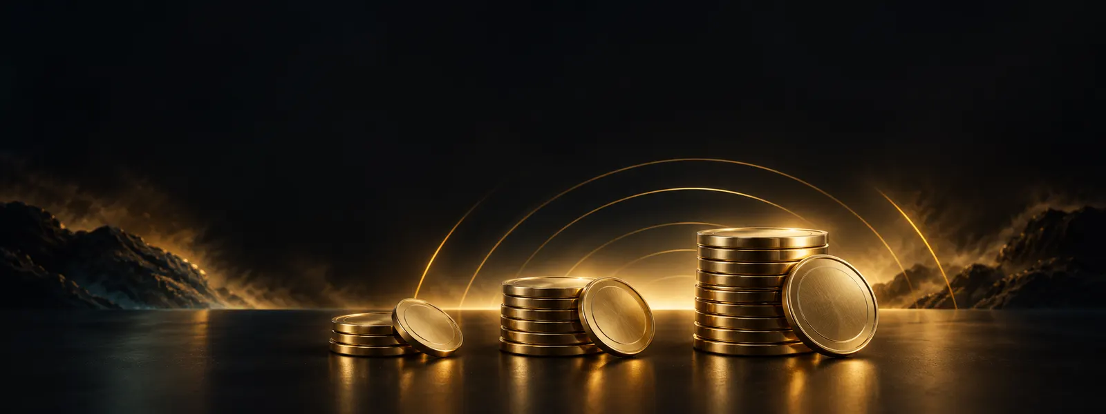 Three stacks of gold credits under glowing arcs